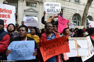 Women protest against the release of the girls kidnapped by Boko Haram fighters.