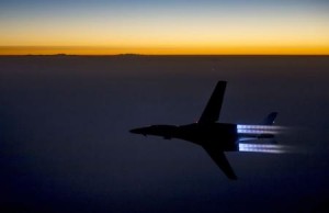 A U.S. Air Force B-1B Lancer supersonic bomber flies over northern Iraq after conducting air strikes in Syria against ISIL targets