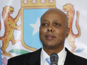 Somalia's new prime minister Abdiweli Sheikh Ahmed delivers his speech at the Parliament Building in Mogadishu