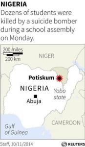 Map locating Potiskum in Nigeria where a suspected Boko Haram suicide bomber killed at least 48 students during a school assembly