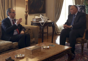 Hadi al-Bahra (L), head of the Syrian National Coalition, talks with Egypt's Foreign Minister Sameh Shukri during their meeting in Cairo