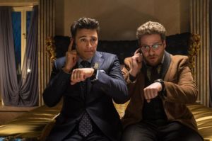 This photo released by Sony - Columbia Pictures shows James Franco, left, as Dave and Seth Rogen as Aaron in a scene from Columbia Pictures' "The Interview."