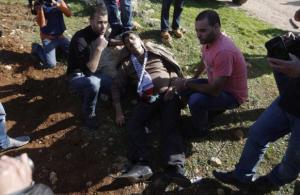 Palestinian minister Ziad Abu Ein (C) falls after being hit by Israeli