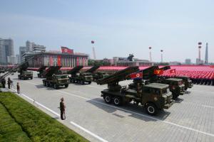 North Korean rocket launchers pass through Kim Il-Sung square during a military parade marking the 60th anniversary of the Korean war armistice in Pyongyang