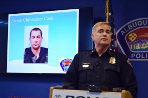 Albuquerque Police Chief Gorden Eden talks to reporters about the arrest of Christopher Cook, 36, who is suspected of shooting Albuquerque Officer Lou Golson during a Saturday traffic stop, during a news conference