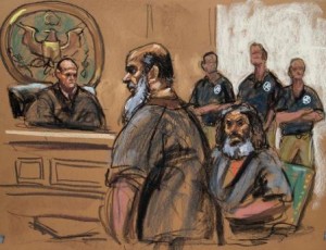 رسم يدوي للمتهم خالد الفواز (الثاني الى اليسار) خلال جلسة محاكمة في نيويورك.
