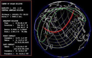 من وكالة ناسا الأميركية بيانات الكسوف الحلقي للشمس كما حدث يوم الاثنين 27 يناير عام 632 ميلادية 