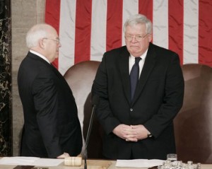 Vice President Dick Cheney, left, talks with Speaker of the House Dennis Hastert, R-Ill., right, as they wait for the arrival of Italian Prime Minister Silvio Berlusconi who will addresses Members of the 109th Joint Session of Congress of the United States on Capitol Hill in Washington.