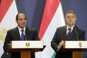 Egyptian President Abdel Fattah al-Sissi, left, speaks during a joint press conference with Hungarian Prime Minister Viktor Orban in the Parliament building in Budapest, Hungary