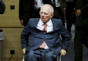 German Finance Minister Wolfgang Schaeuble arrives to attend a euro zone finance ministers meeting in Brussels, Belgium