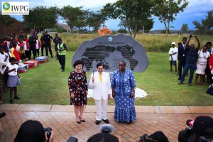 Mr. Lee, Ms Kim and Queen Mother Mmemogolo infront of Peace Monument