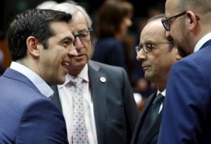 (L-R) Greece"s Prime Minister Alexis Tsipras, European Commission President Jean-Claude Juncker, France"s President Francois Hollande and Belgium"s Prime Minister Charles Michel attend an euro zone leaders summit in Brussels, Belgium