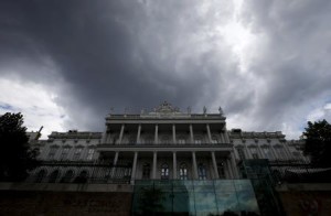 Dark clouds are seen over Palais Coburg, the venue for nuclear talks, in Vienna.