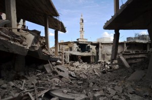 The aftermath of air strikes in the central Syrian town of Talbisseh in Homs province, pictured