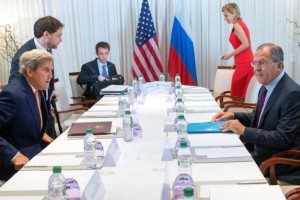 U.S. Secretary of State John Kerry (L) and Russian Foreign Minister Sergei Lavrov (R) during a bilateral meeting focused on the Syrian crisis in Geneva, Switzerland 