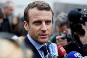 Emmanuel Macron, head of the political movement En Marche !, or Onwards !, and candidate for the 2017 French presidential election, speaks to journalists during his visit at the headquarters of the KRYS group in Bazainville, France