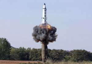 The second test flight was captured by a rooftop camera operated by Japan’s NHK television on the northern island of Hokkaido. A solid-fuel “Pukguksong-2” missile lifts off during its launch test at an undisclosed location in North Korea. The picture has been distributed by the North Korean government 